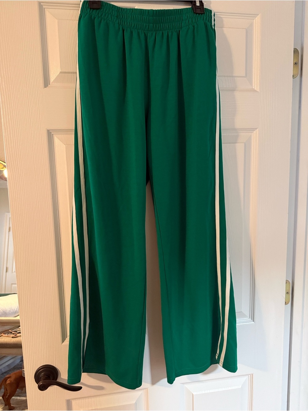 Wide-Leg Green Track Pants with Contrasting Side Stripes